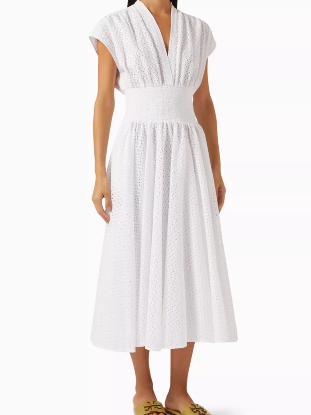 Tory Burch Eyelet V-neck Midi Dress in Cotton Size 10